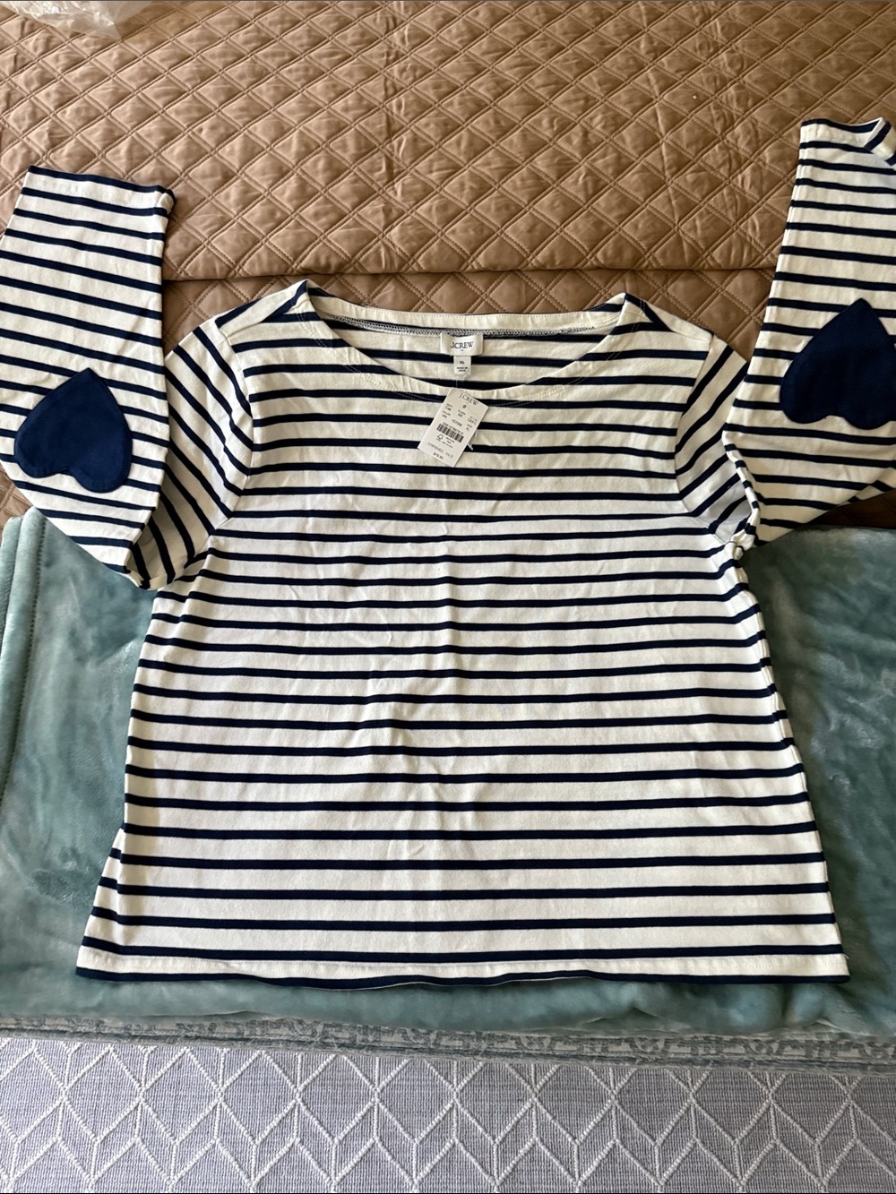 J. Crew Navy and White Striped Boatneck Top with Heart Elbow Patch - Picture 4 of 5